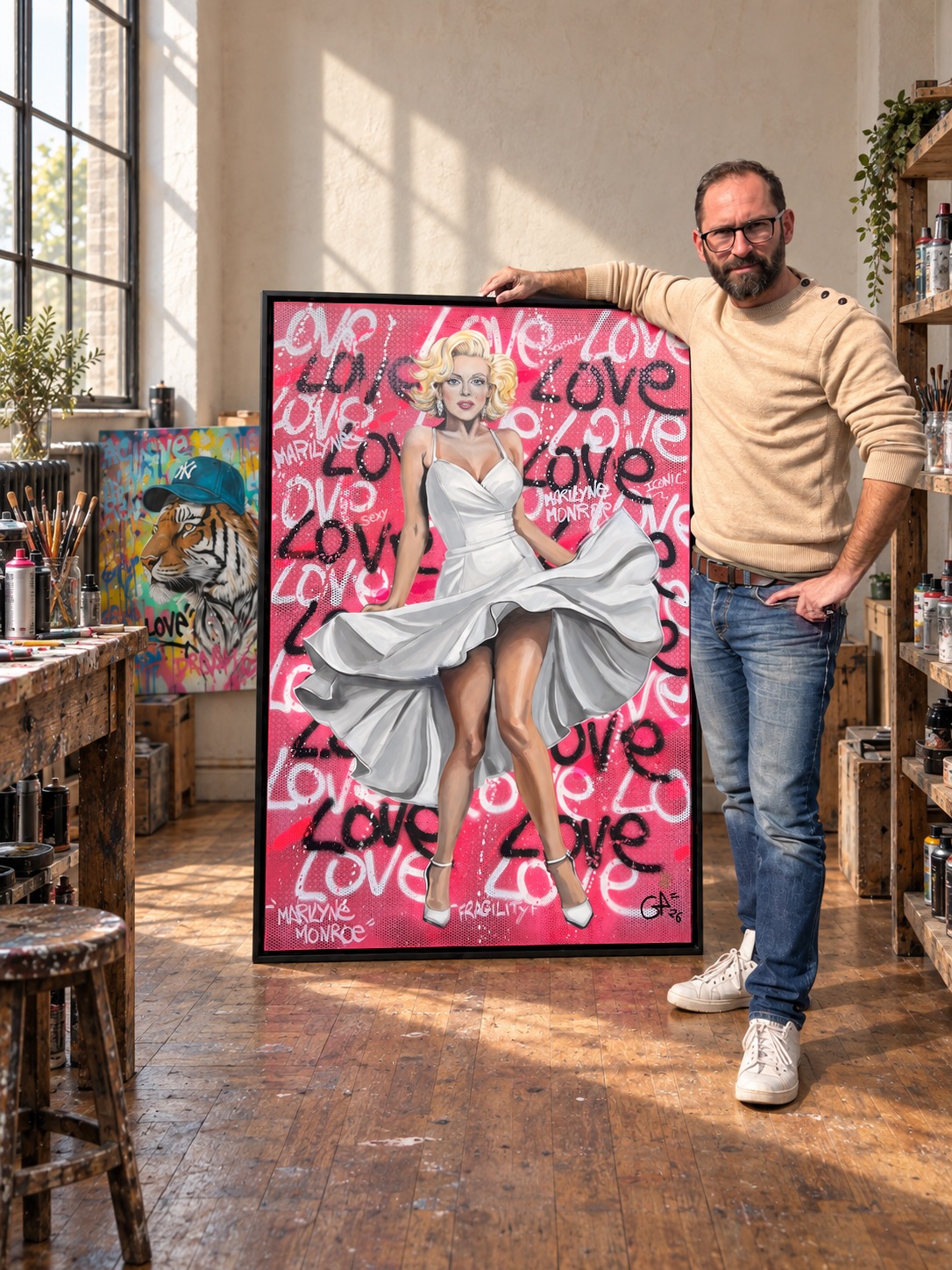 Geoffrey Payen dans son atelier avec son tableau Marilyn Monroe