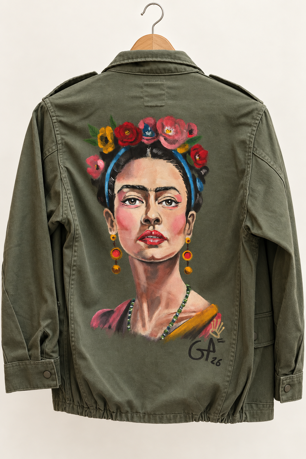 Veste kaki avec un second portrait peint de Frida Kahlo par Geoffrey Payen